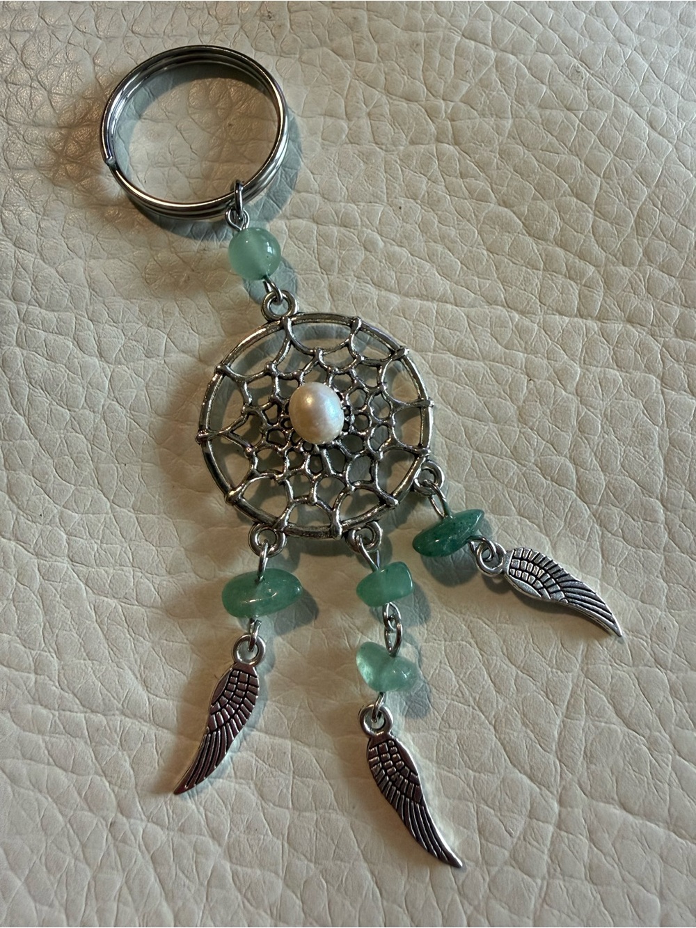 Silver Dreamcatcher Keychain with Green Beads